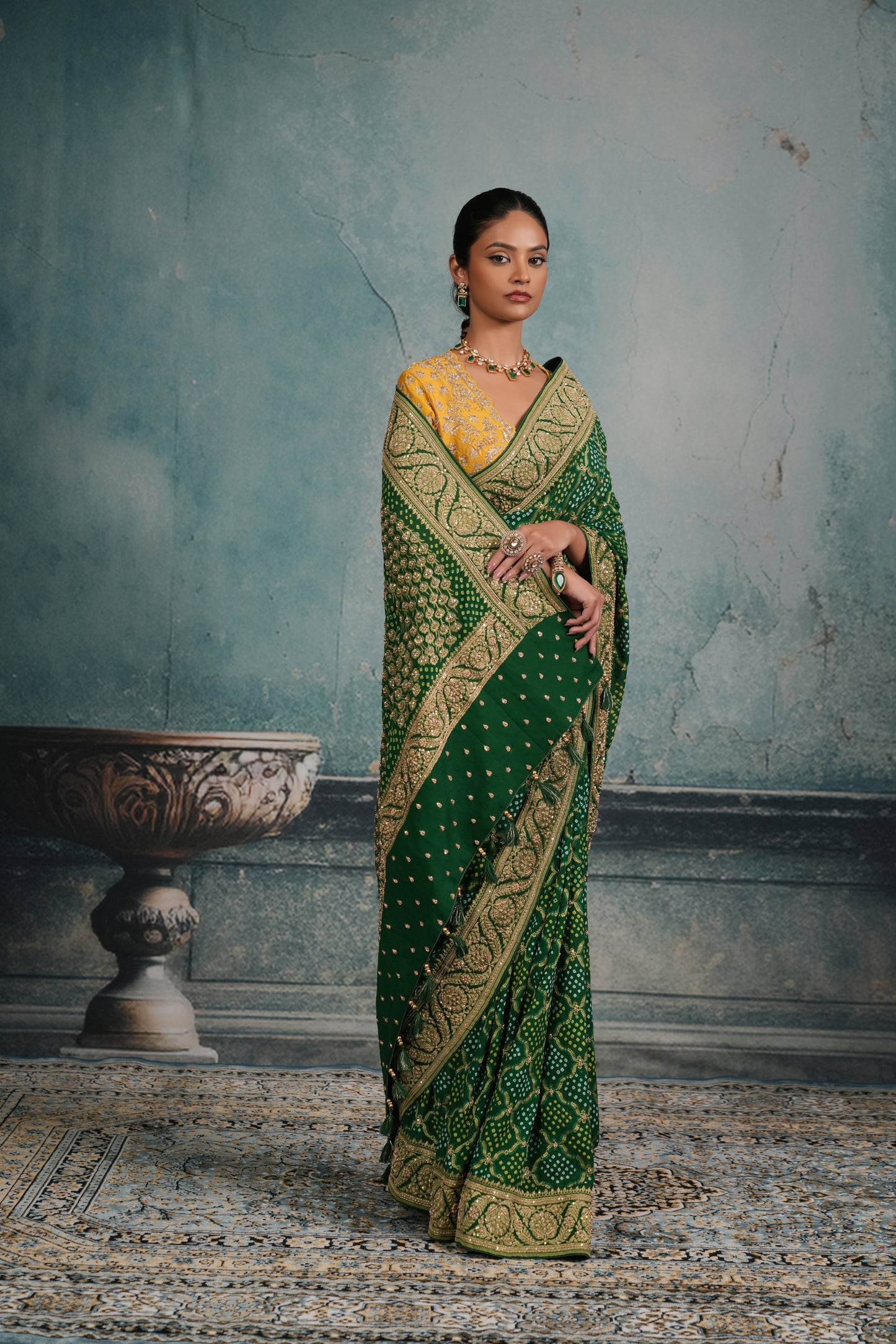 EMERALD GREEN BANDHEJ EMBROIDERED SAREE