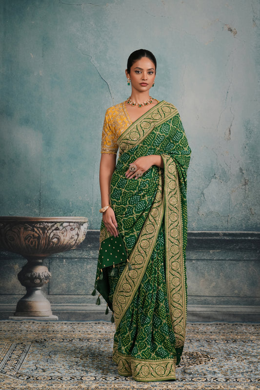EMERALD GREEN BANDHEJ EMBROIDERED SAREE