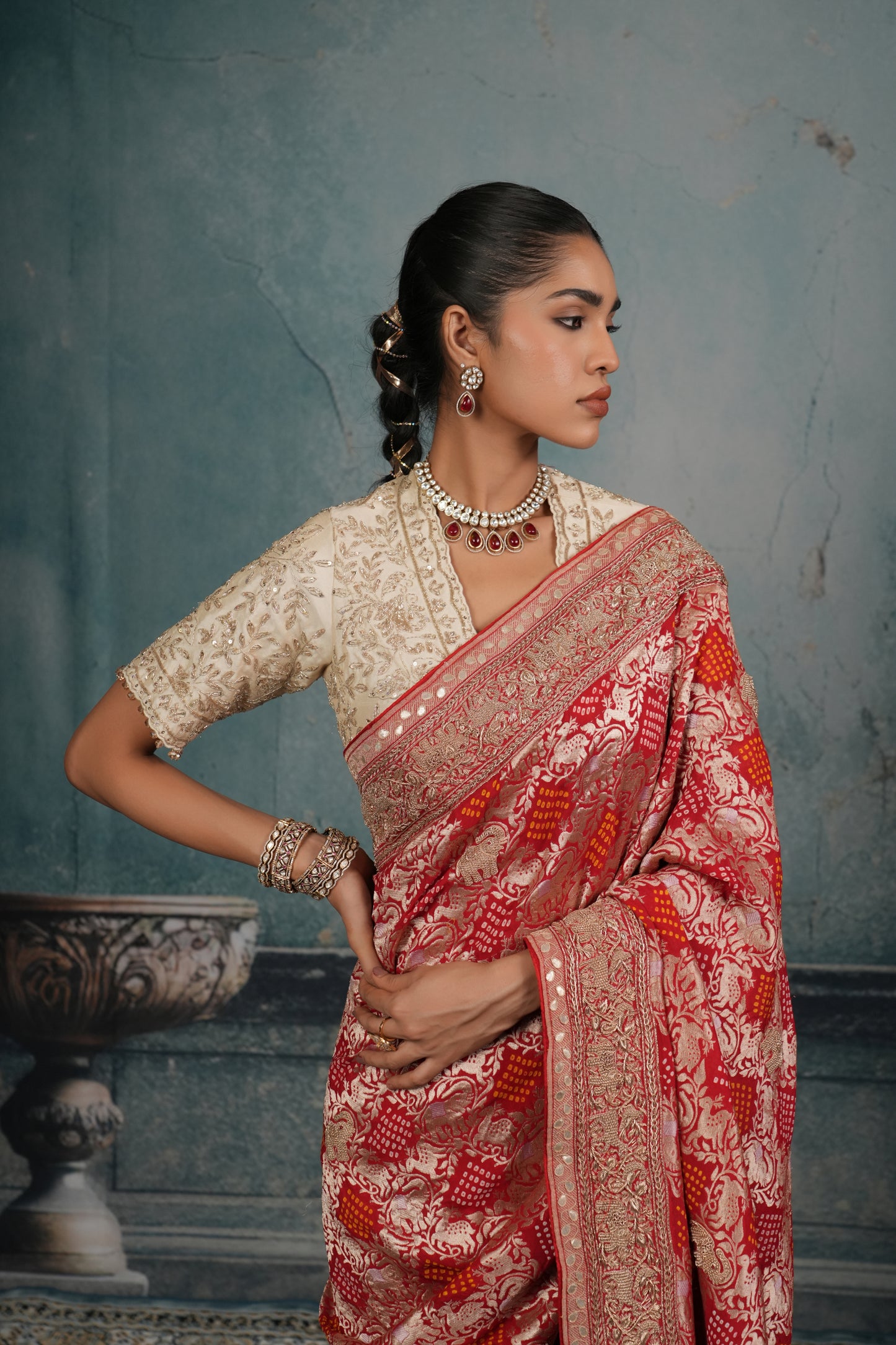 VERMILLION RED BANDHEJ EMBROIDERED SAREE