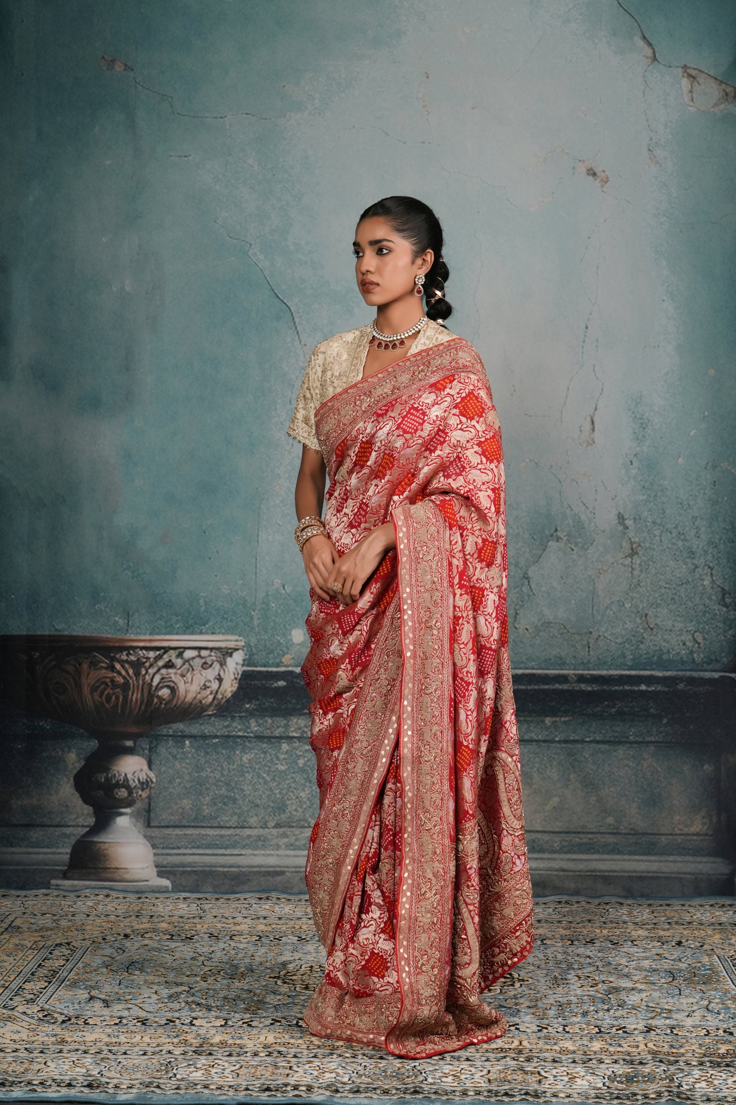 VERMILLION RED BANDHEJ EMBROIDERED SAREE