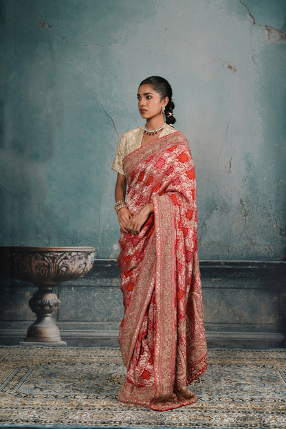 VERMILLION RED BANDHEJ EMBROIDERED SAREE