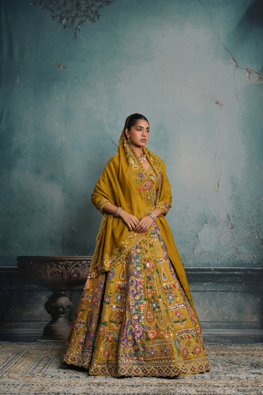 GREEN GOLD RAW SILK LEHENGA