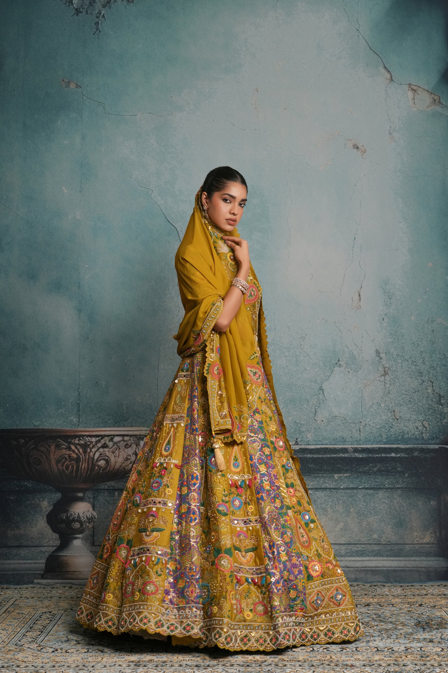 GREEN GOLD RAW SILK LEHENGA