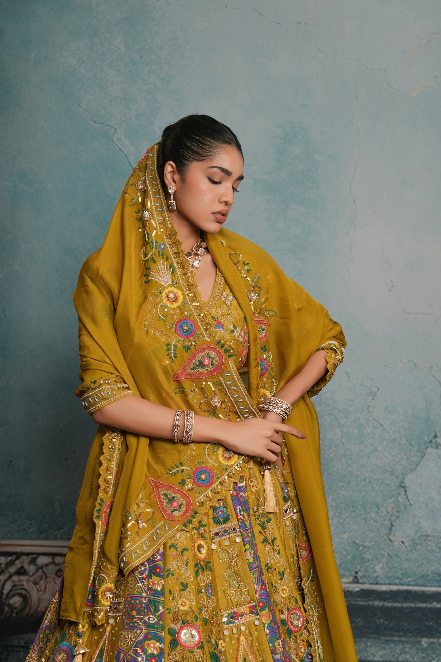 GREEN GOLD RAW SILK LEHENGA