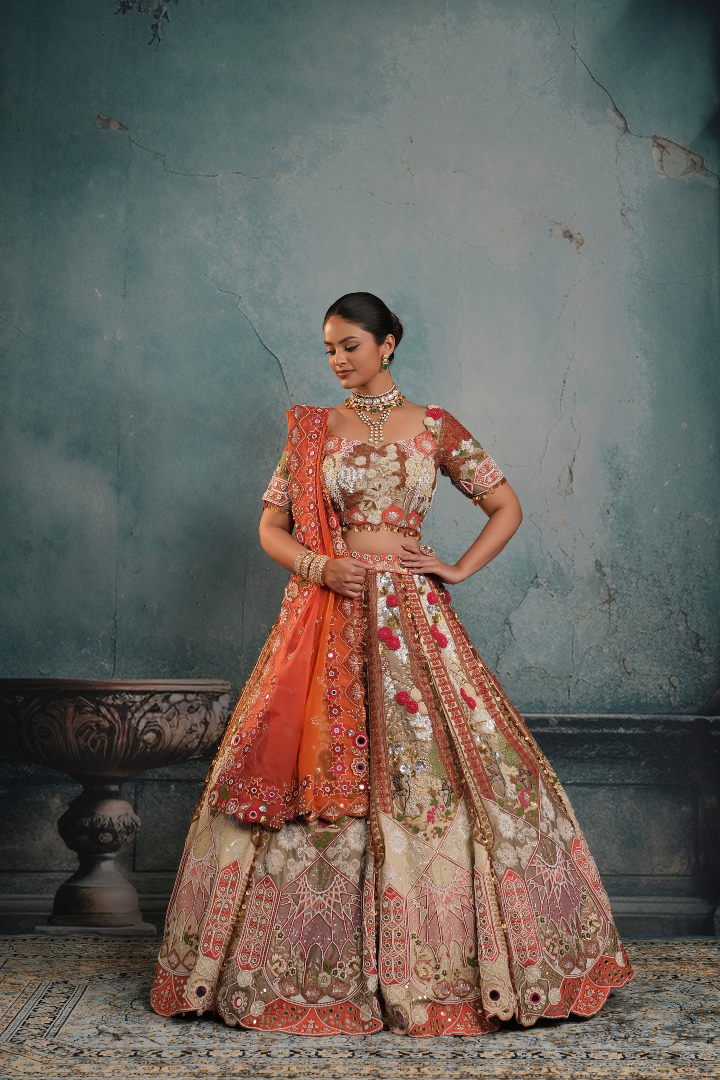 MULTICOLOR EMBROIDERED BRIDAL LEHENGA