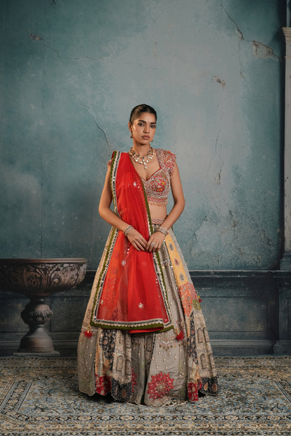 GREY & RED RAW SILK EMBROIDERED LEHENGA