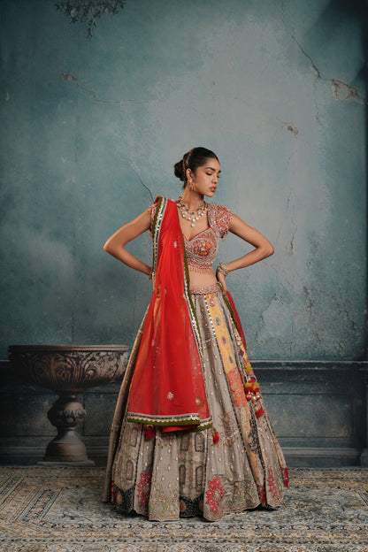 GREY & RED RAW SILK EMBROIDERED LEHENGA