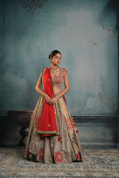 GREY & RED RAW SILK EMBROIDERED LEHENGA