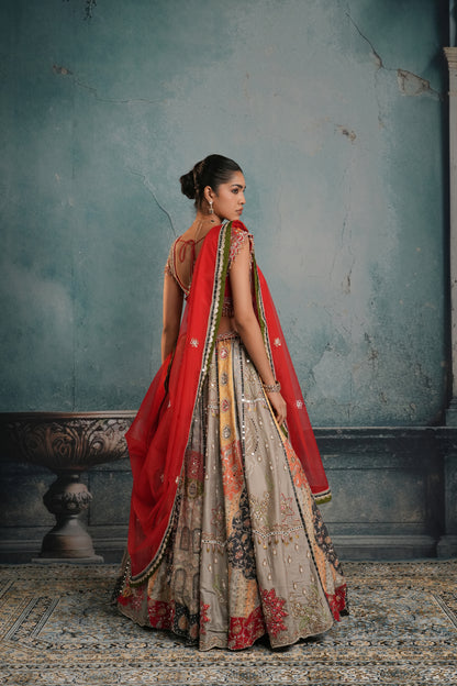 GREY & RED RAW SILK EMBROIDERED LEHENGA