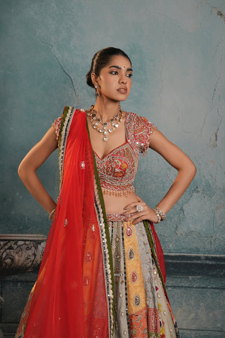 GREY & RED RAW SILK EMBROIDERED LEHENGA alternate