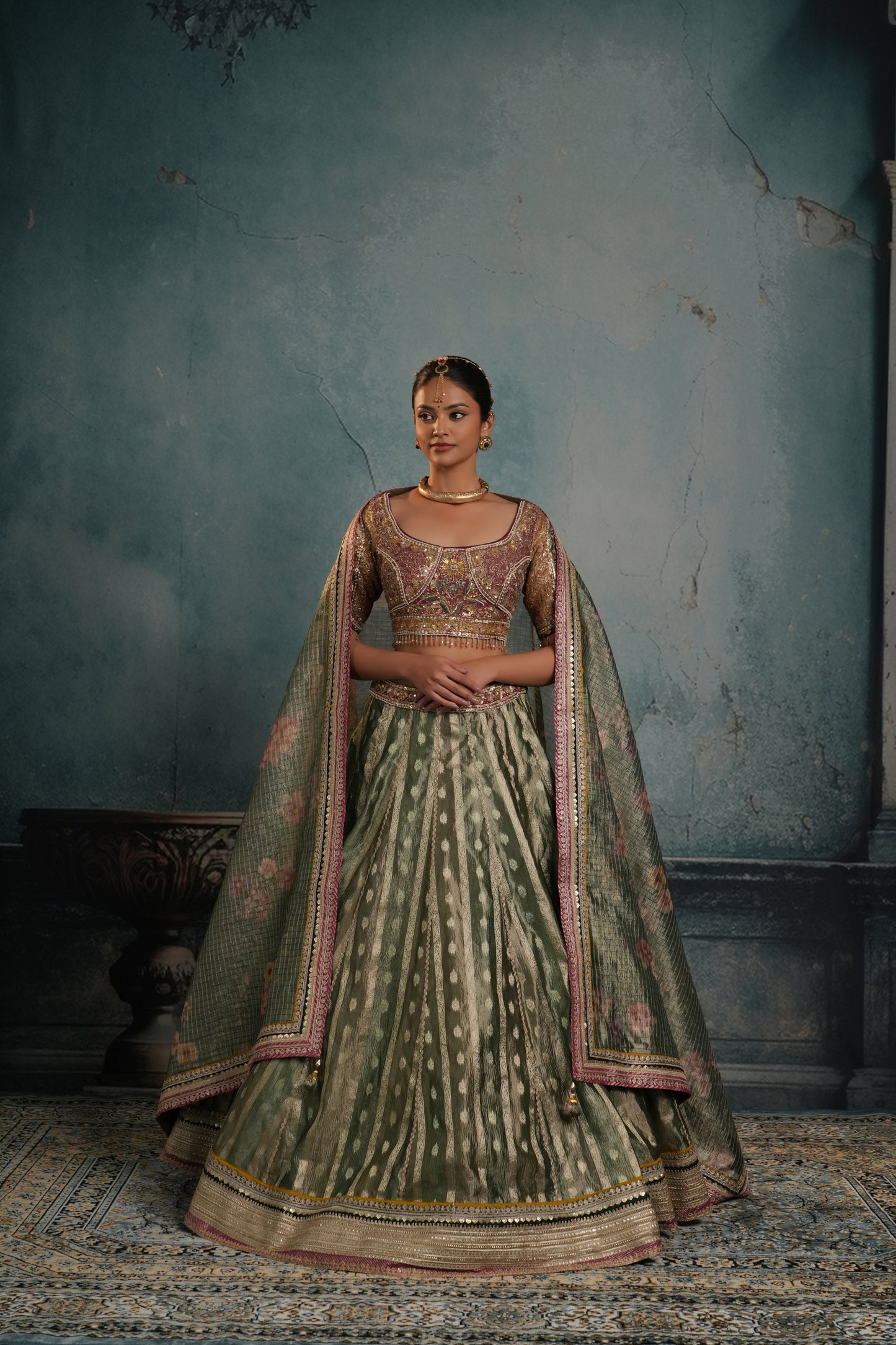 GREEN ORGANZA LEHENGA