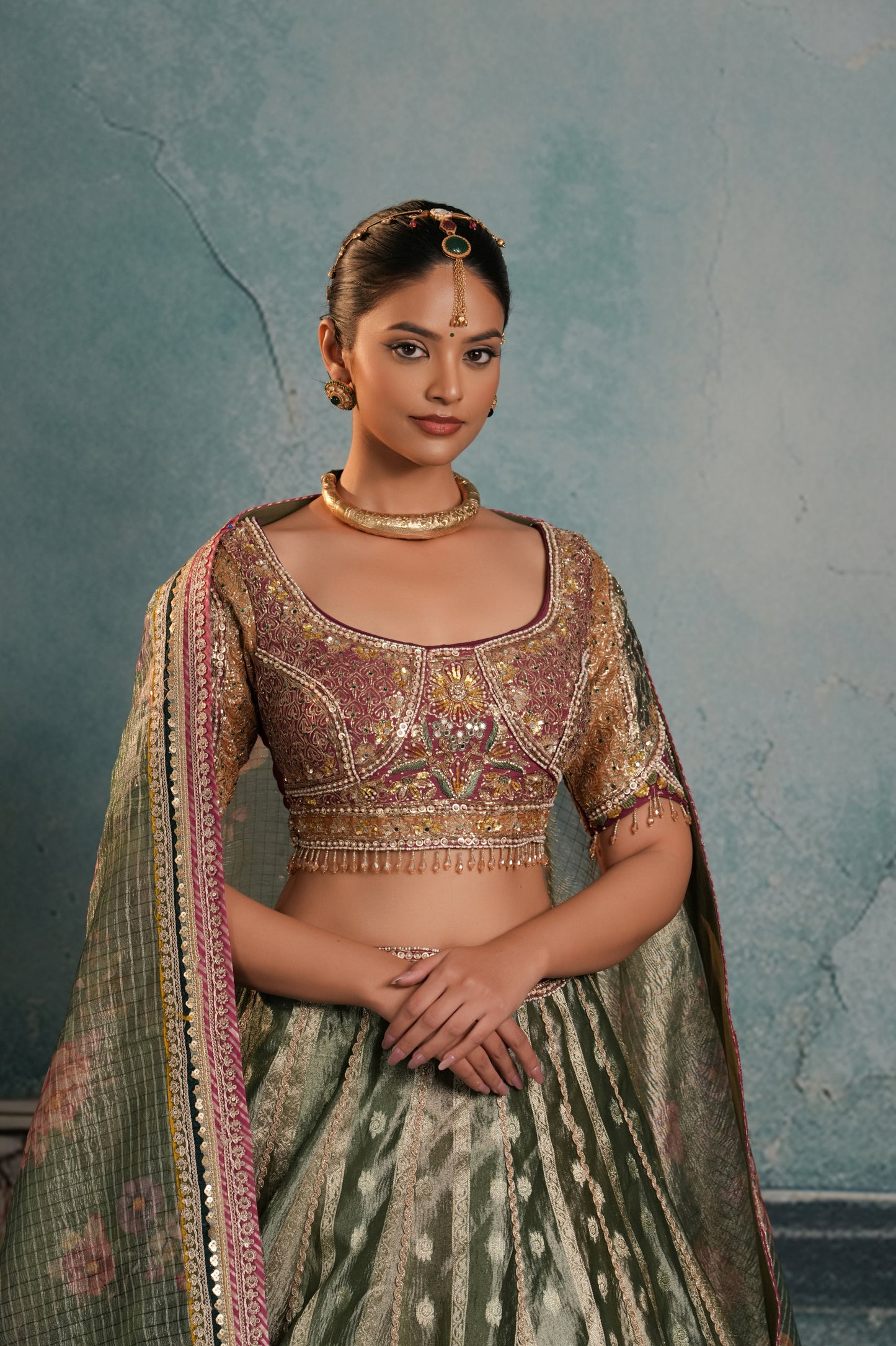 GREEN ORGANZA LEHENGA