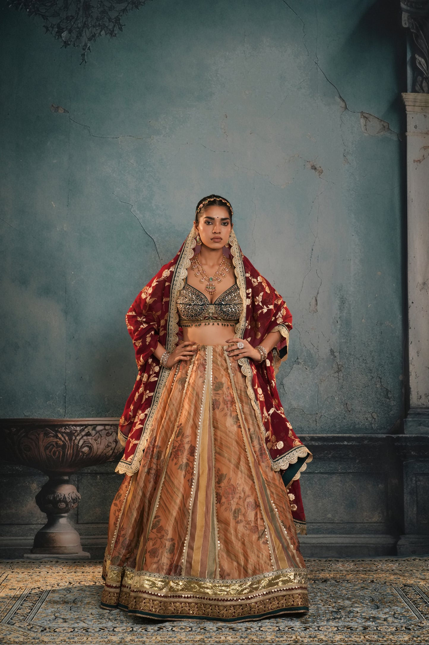 YELLOW & GREEN PRINTED ORGANZA LEHENGA