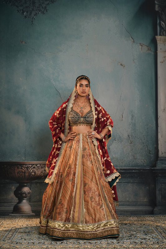 YELLOW & GREEN PRINTED ORGANZA LEHENGA