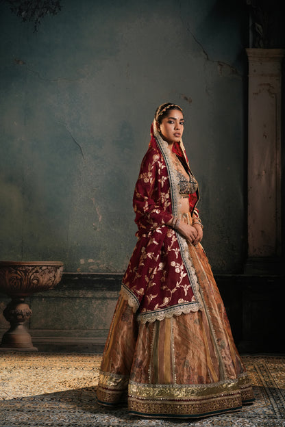 YELLOW & GREEN PRINTED ORGANZA LEHENGA