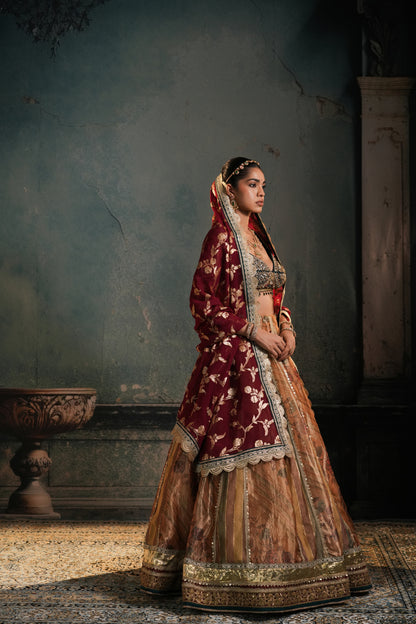 YELLOW & GREEN PRINTED ORGANZA LEHENGA