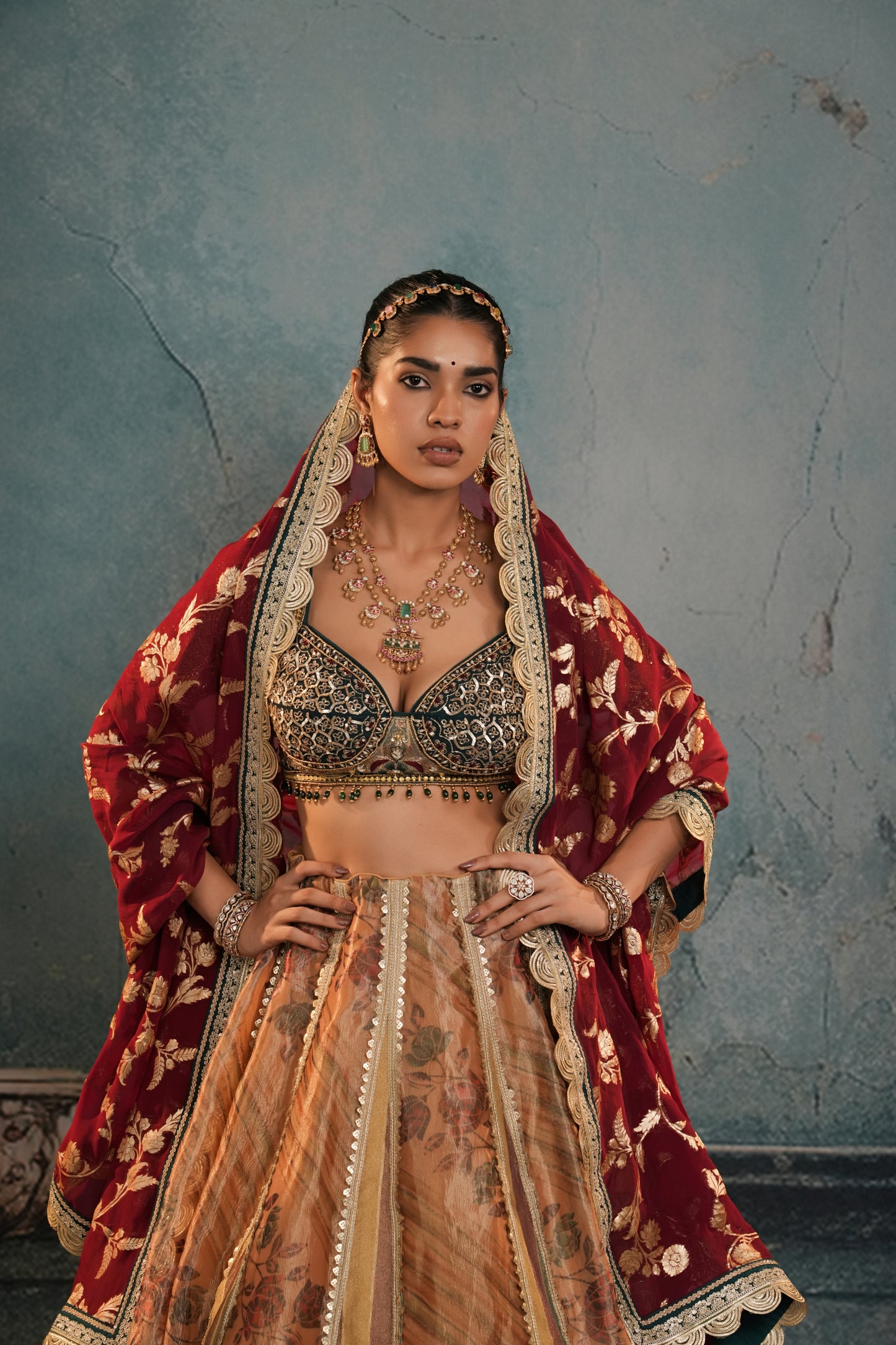 YELLOW & GREEN PRINTED ORGANZA LEHENGA