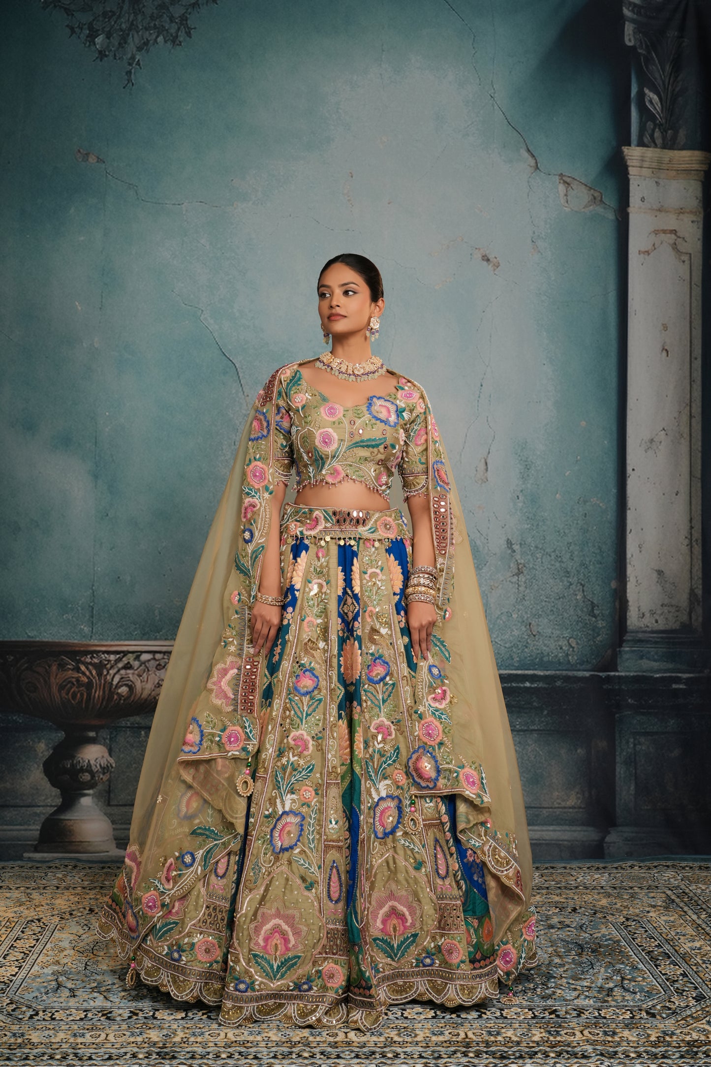 GREY & BLUE RAW SILK EMBROIDERED LEHENGA