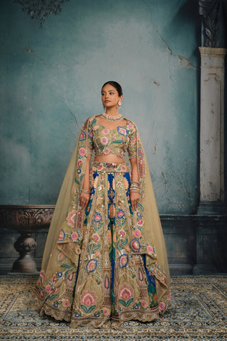 GREY & BLUE RAW SILK EMBROIDERED LEHENGA alternate