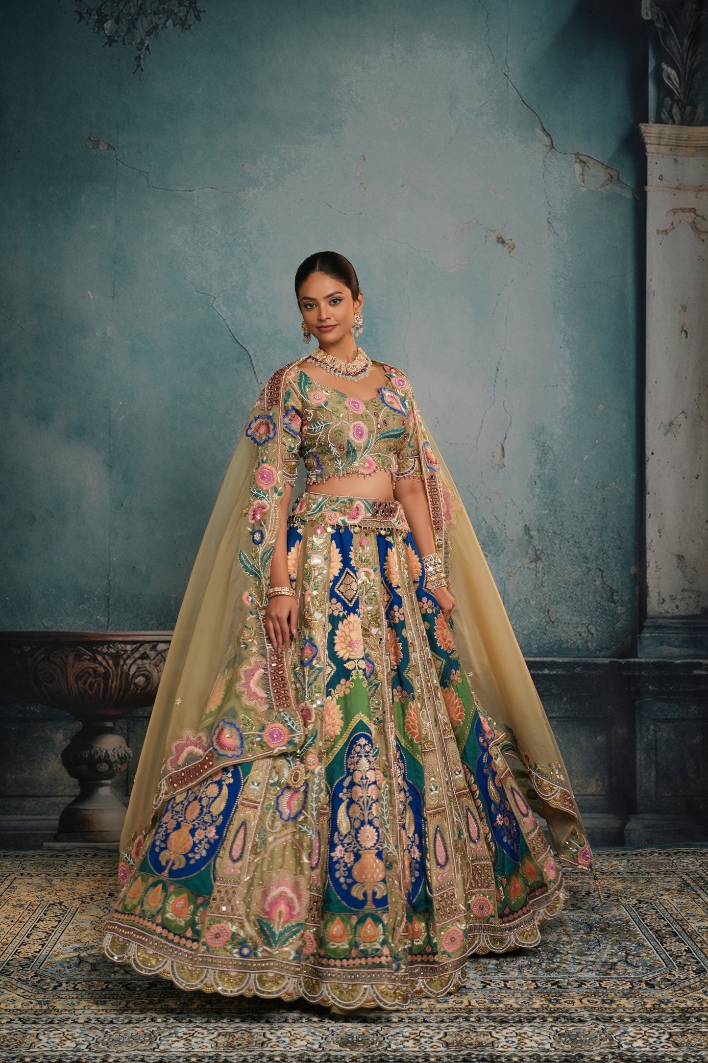 GREY & BLUE RAW SILK EMBROIDERED LEHENGA