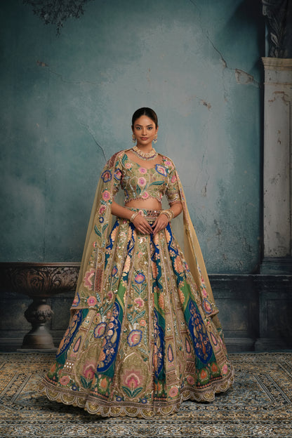 GREY & BLUE RAW SILK EMBROIDERED LEHENGA