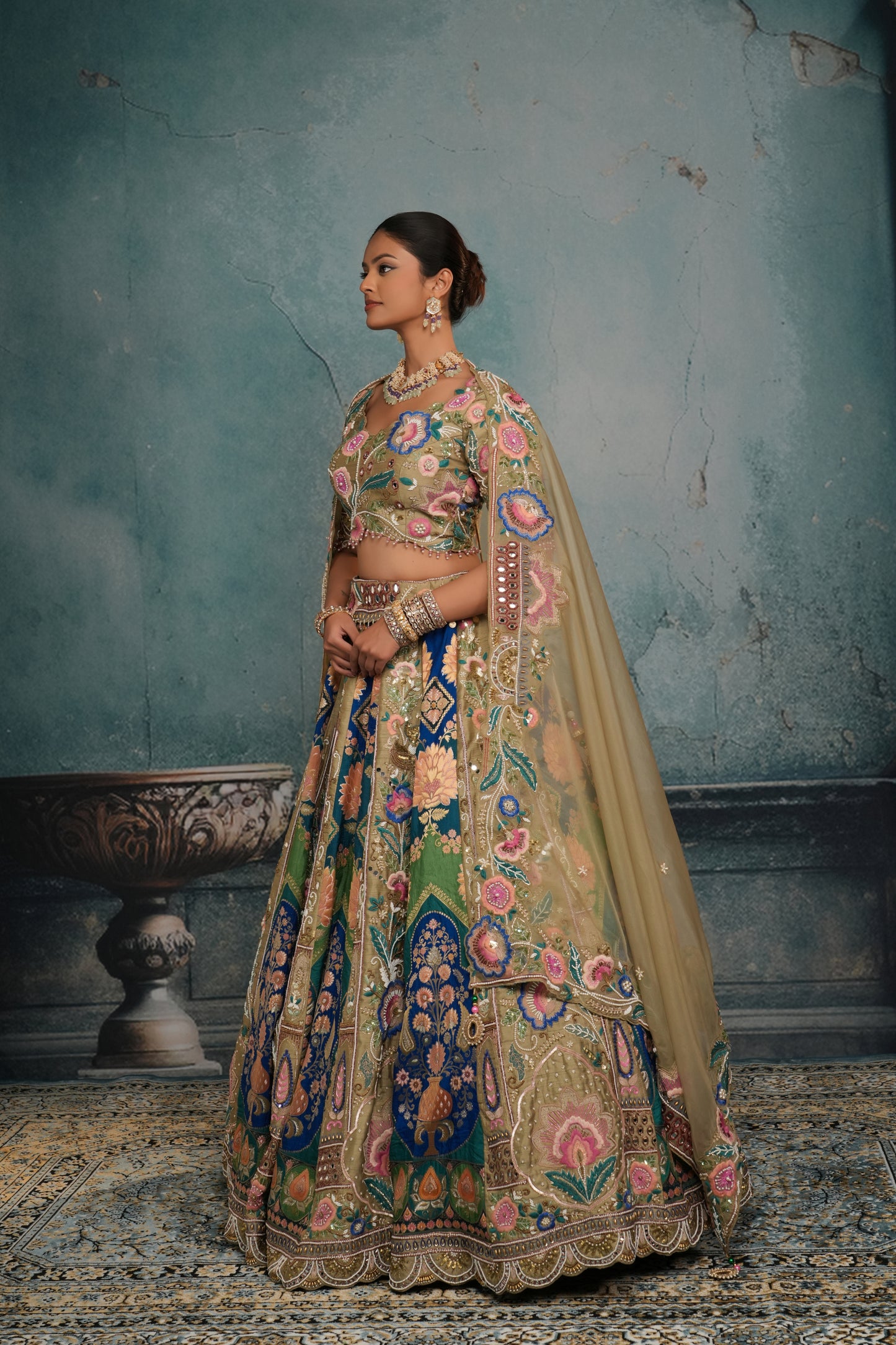 GREY & BLUE RAW SILK EMBROIDERED LEHENGA