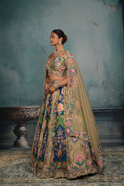GREY & BLUE RAW SILK EMBROIDERED LEHENGA
