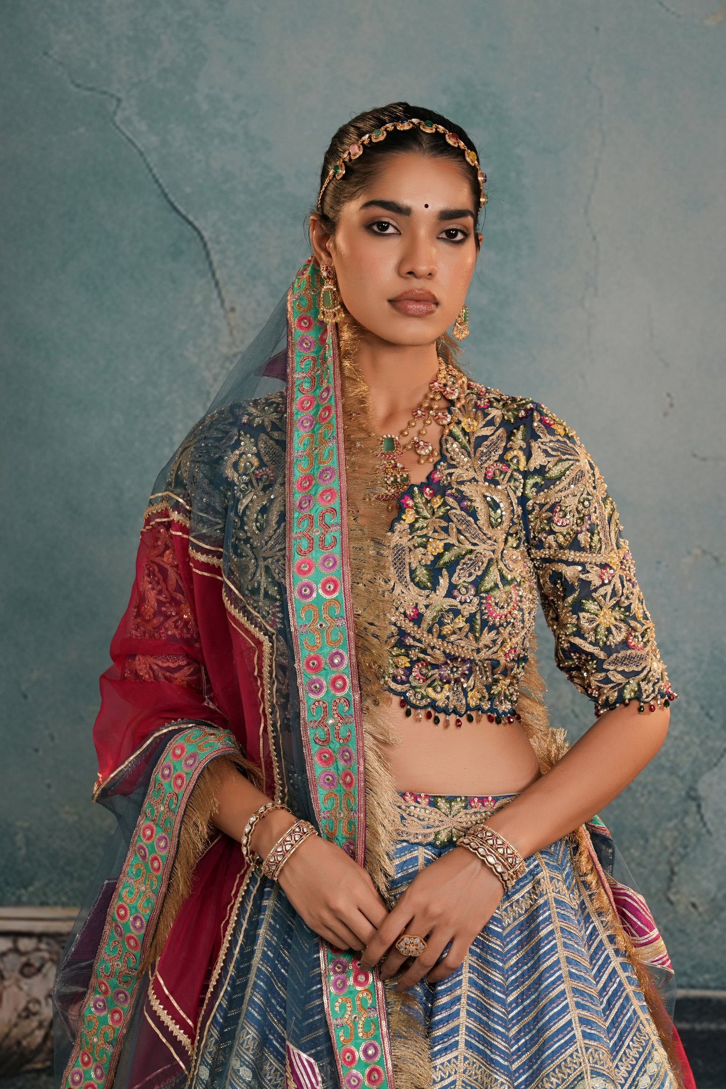 BLUE HEAVY EMBROIDERED CREPE SILK LEHENGA