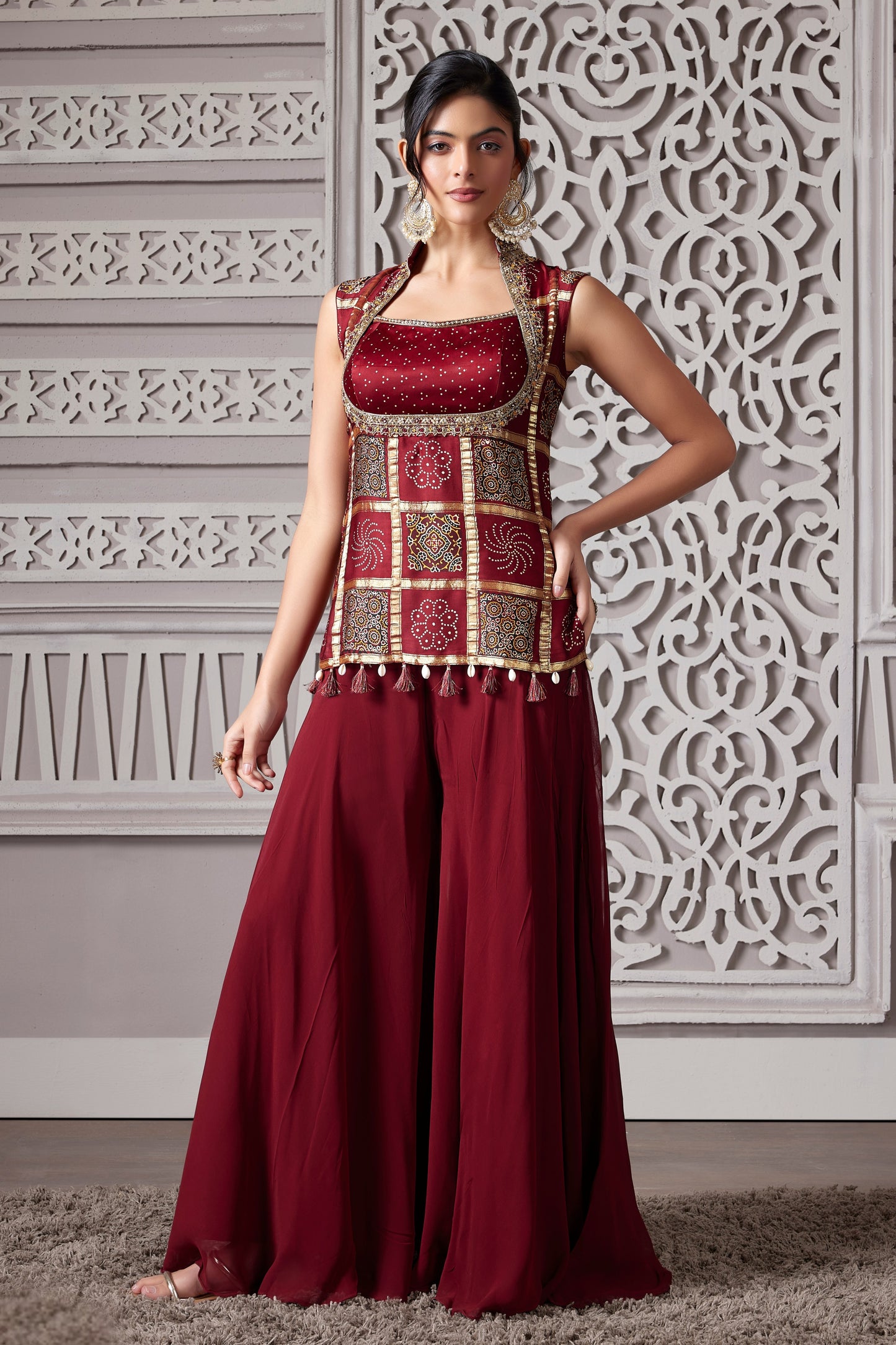 MAROON GAJI & GEORGETTE PALAZZO SET