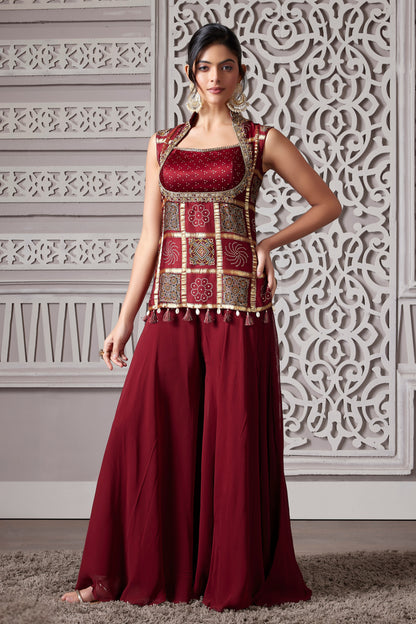 MAROON GAJI & GEORGETTE PALAZZO SET