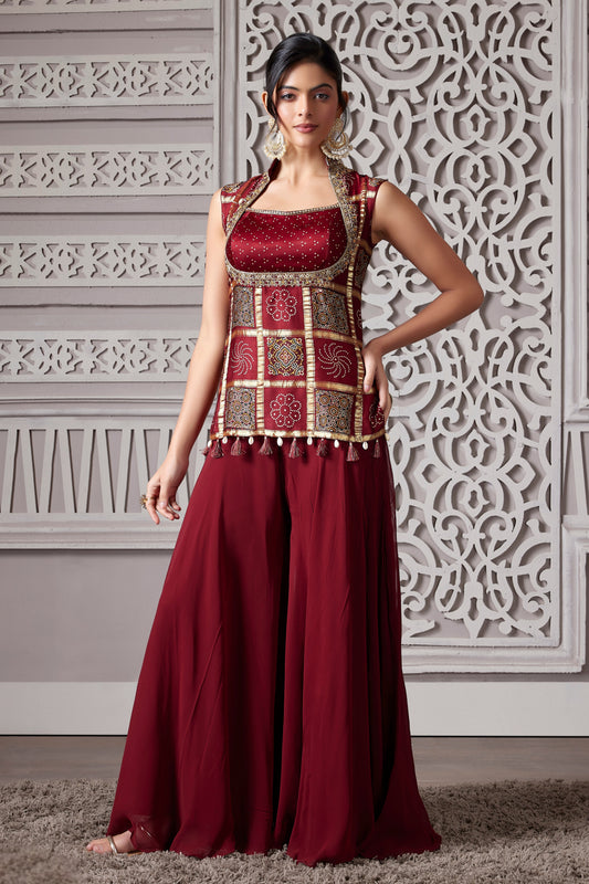 MAROON GAJI & GEORGETTE PALAZZO SET