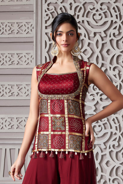 MAROON GAJI & GEORGETTE PALAZZO SET