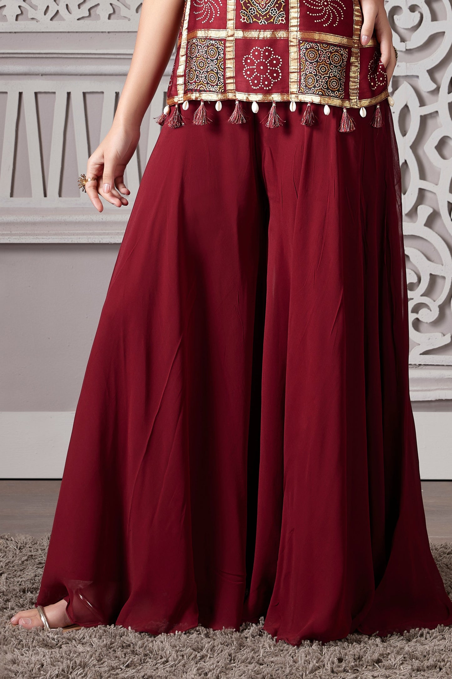 MAROON GAJI & GEORGETTE PALAZZO SET