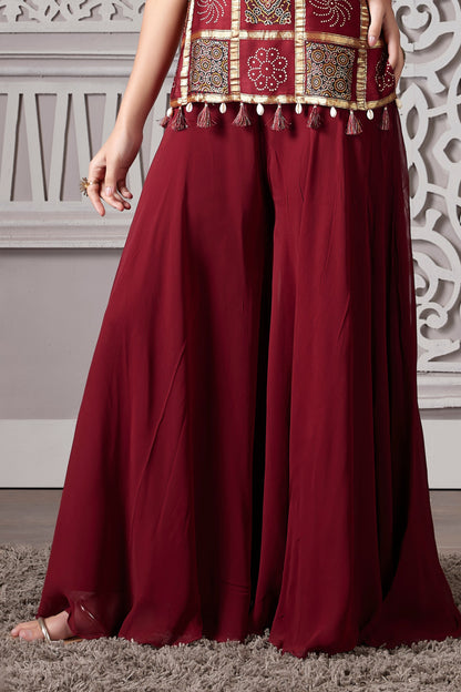 MAROON GAJI & GEORGETTE PALAZZO SET