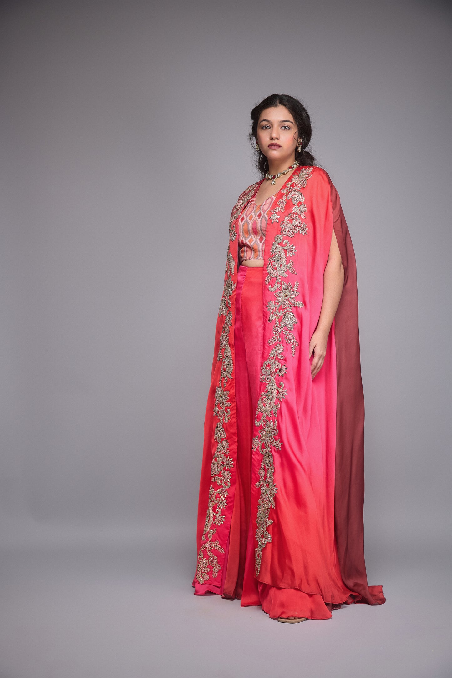 PINK & MAROON INDOWESTERN CAPE SET