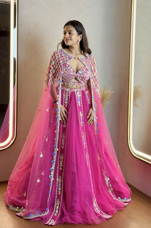 Rani Pearl Net Lehenga With Long Jacket