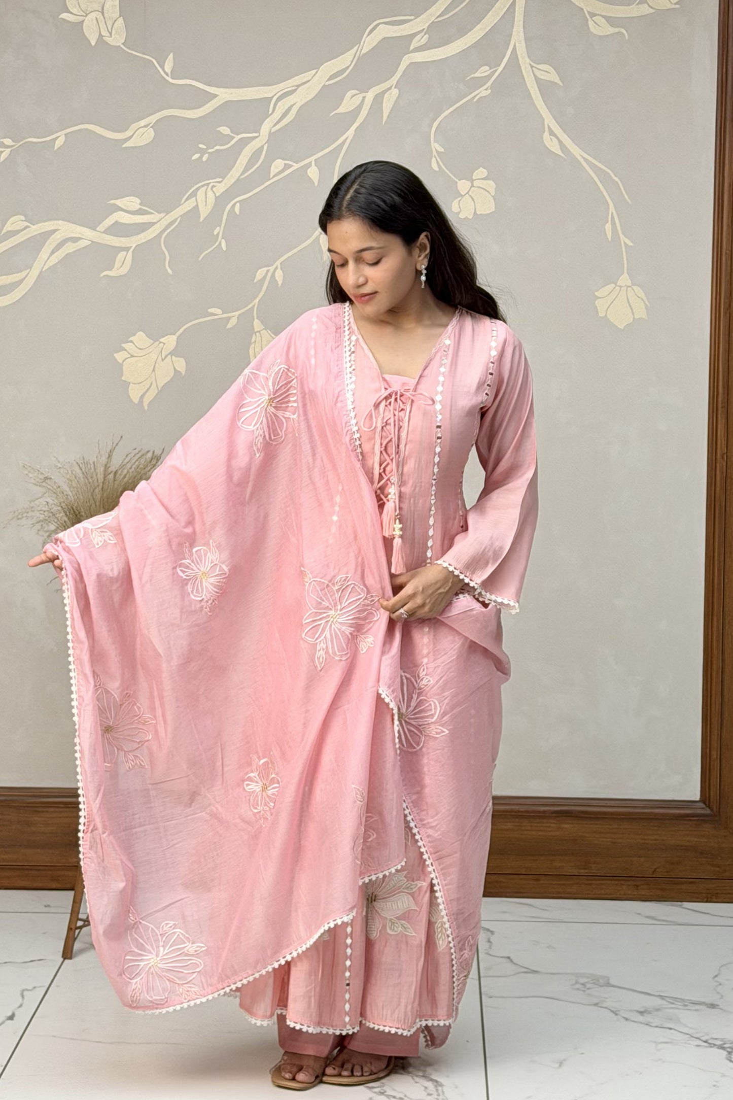 Baby Pink Cotton Mirror Work Dress Set