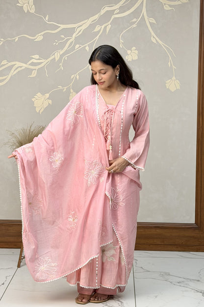 Baby Pink Cotton Mirror Work Dress Set