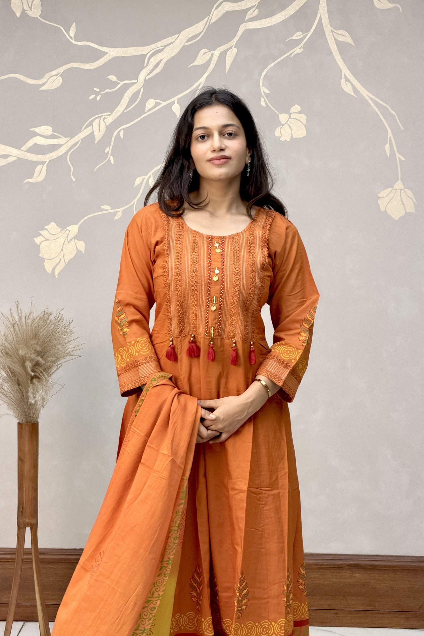 Orange Cotton Thread Work Dress Set