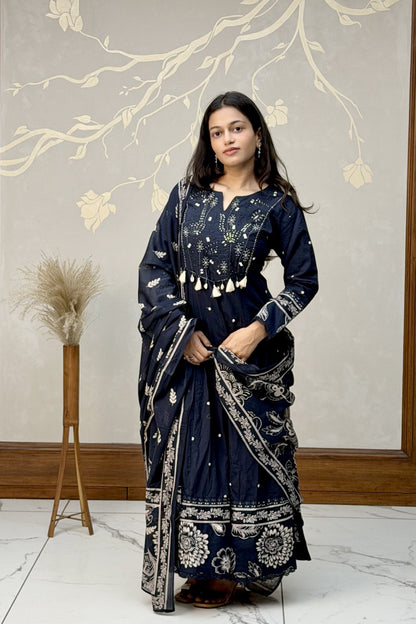 Navy Blue Cotton Thread & Mirror Work Dress Set