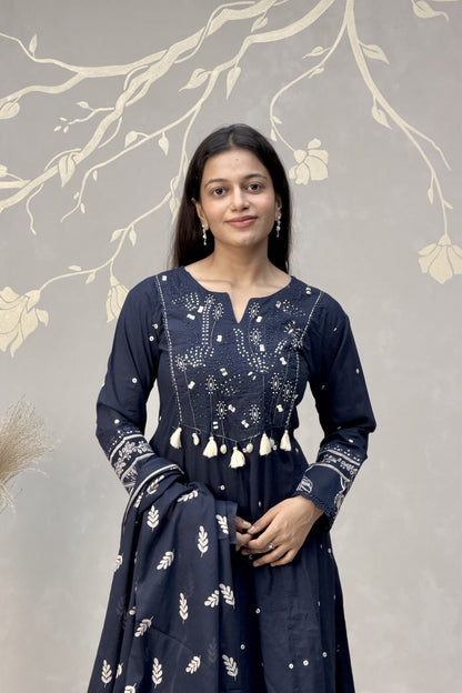 Navy Blue Cotton Thread & Mirror Work Dress Set