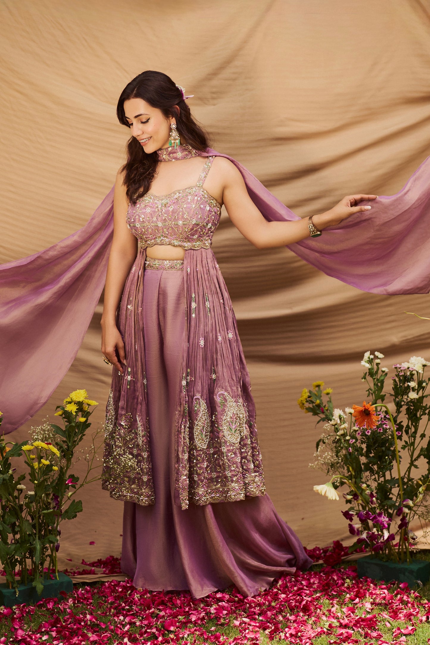 Lavender Handwork Tissue Indo-Western Set