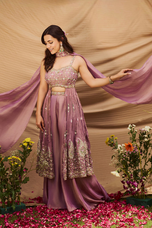 Lavender Handwork Tissue Indo-Western Set