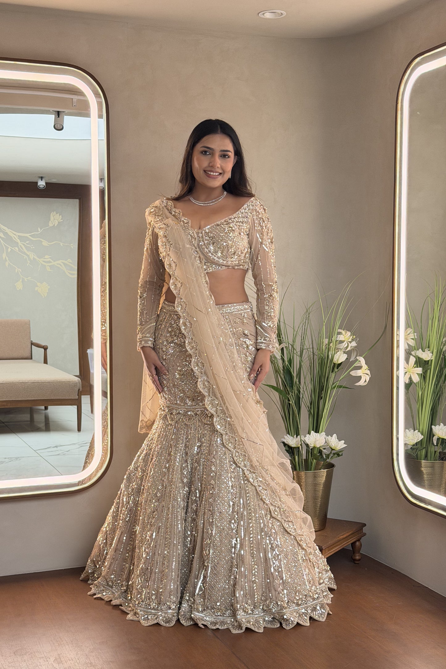 Beige Fish Cut Lehenga with Mirror & Pearl Work