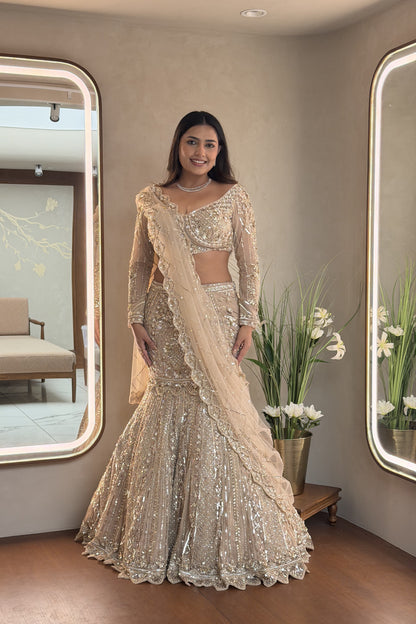 Beige Fish Cut Lehenga with Mirror & Pearl Work