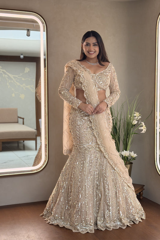 Beige Fish Cut Lehenga with Mirror & Pearl Work