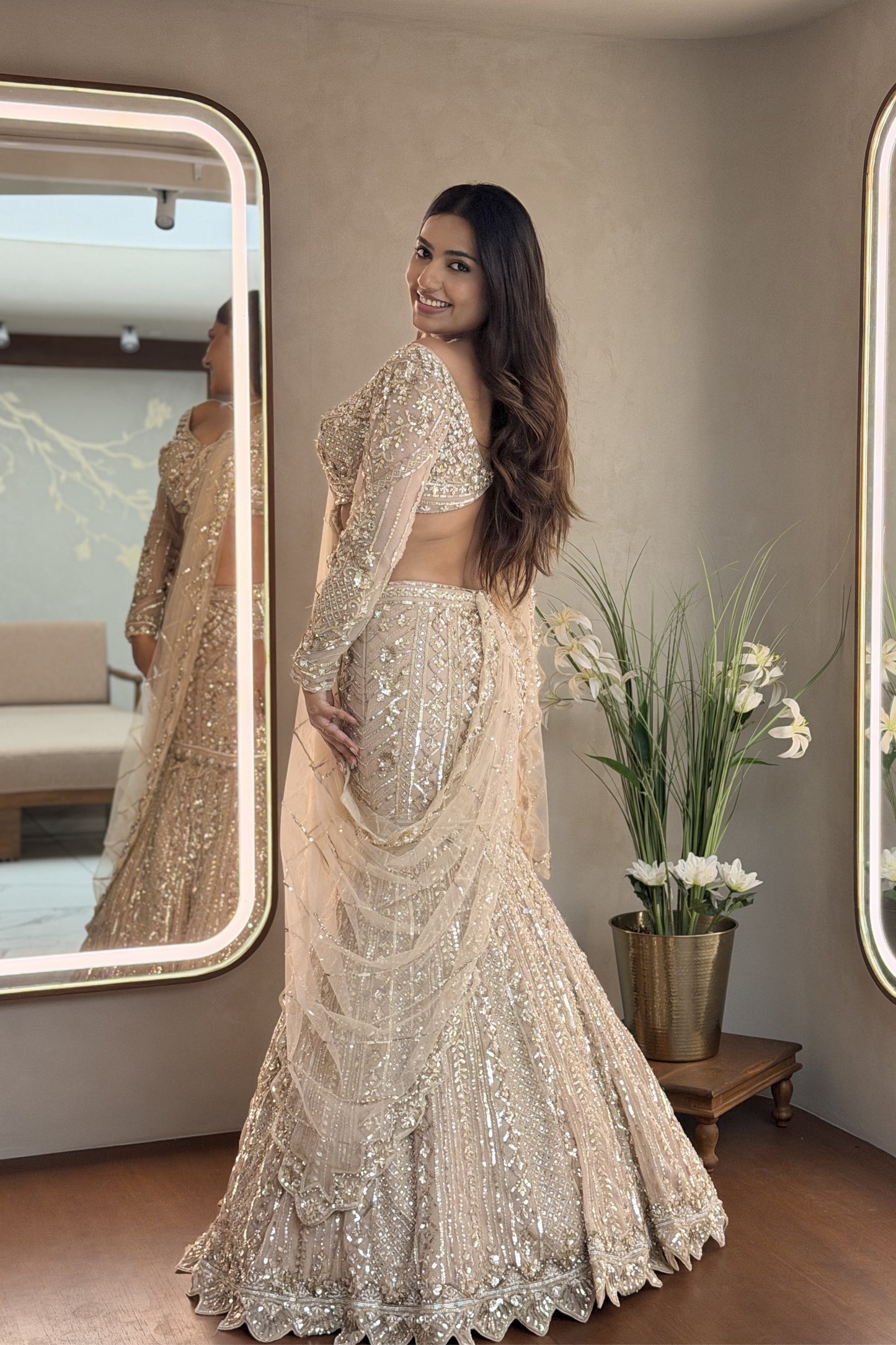 Beige Fish Cut Lehenga with Mirror & Pearl Work