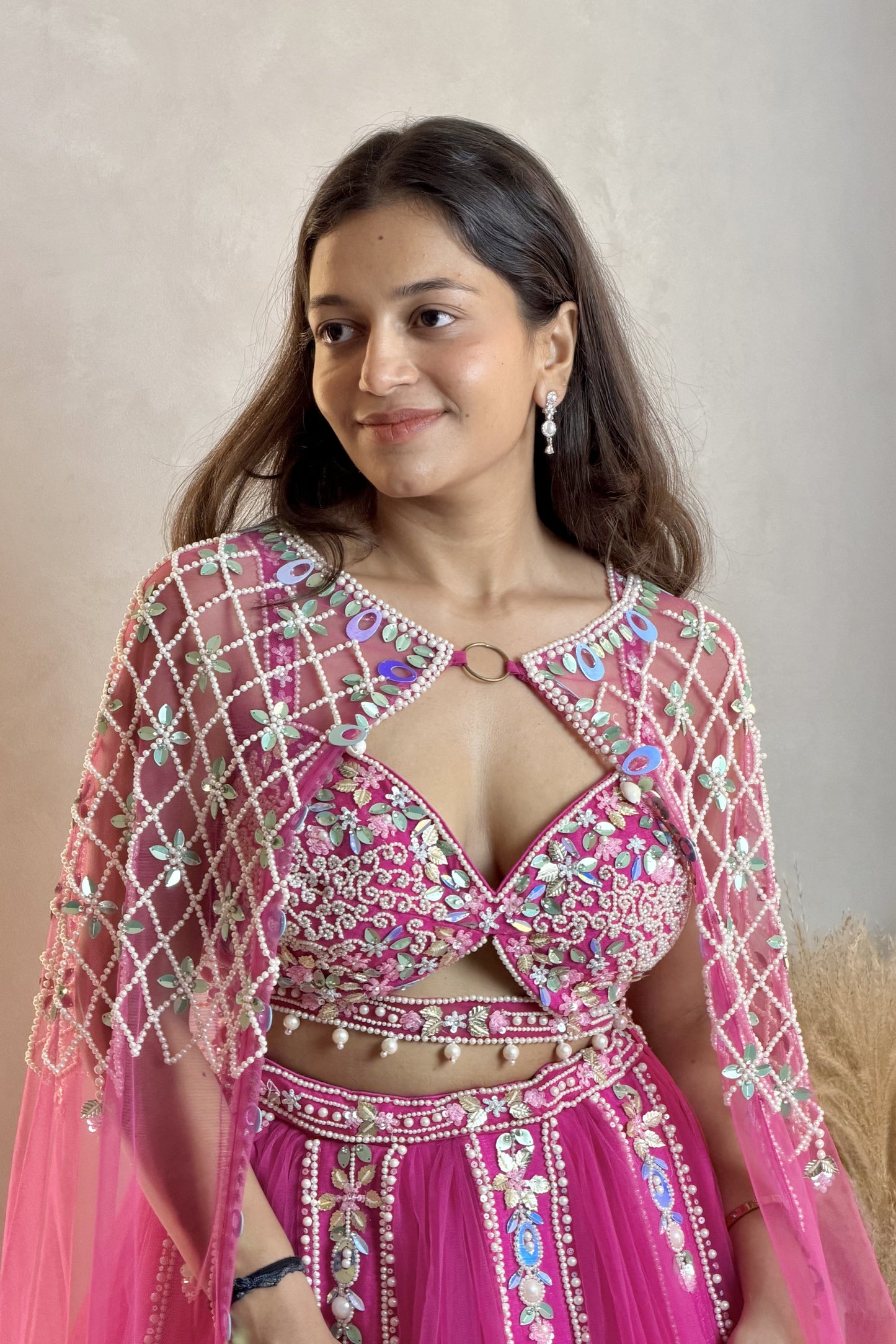 Rani Pearl Net Lehenga With Long Jacket