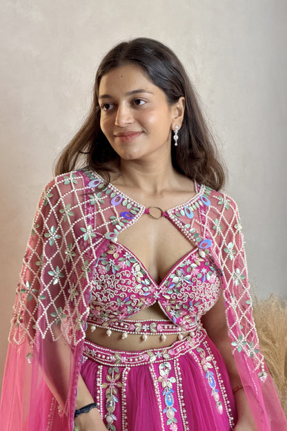 Rani Pearl Net Lehenga With Long Jacket