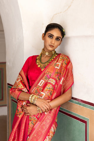 RED & PINK BANARASI SATIN RANGKAT SAREE alternate
